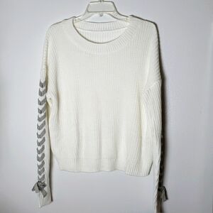 White knit sweater, lace up sleeve detail, loose crew neck, slight crop, women L